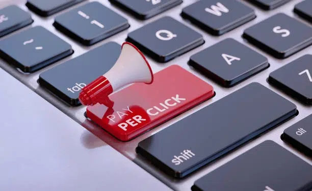 keyboard with ppc red button and red megaphone -manage ppc