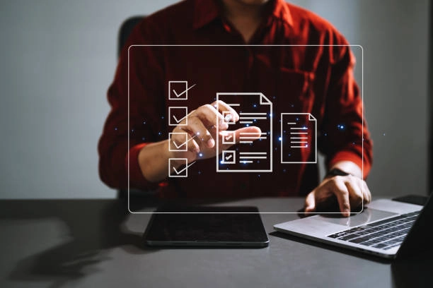 A person interacting with a virtual checklist and document interface. -local seo specialist