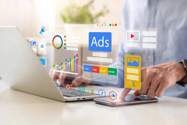 Digital advertising concept with virtual ads, analytics, and marketing tools. -google ad management services