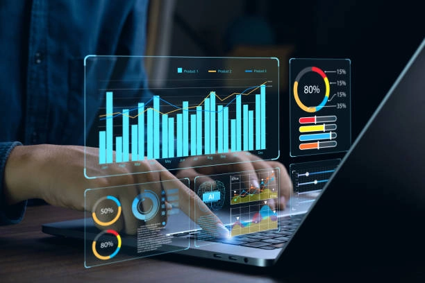 A person analyzes interactive digital data charts on a laptop screen. -off page seo services