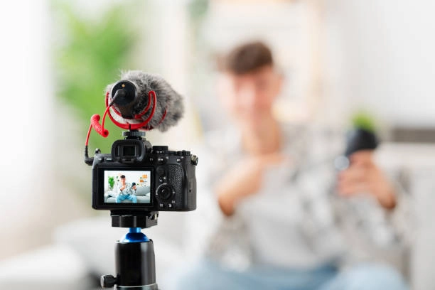 Video content creation setup with camera, microphone, and blurred presenter. -visual content creation for social media