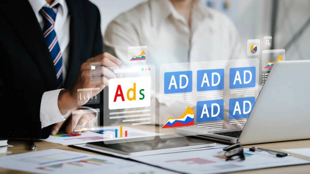 Business professionals managing digital advertising campaigns with interactive ads. -google ad management service